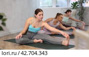 Concentrated sporty young woman doing stretching asana Janu Sirsasana during training with group in yoga studio. Стоковое видео, видеограф Яков Филимонов / Фотобанк Лори