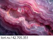 Close-up of an agate, a gemstone characterized by parallel bands of varying shades. Colors range from soft pink to deep burgundy, with vibrant crystal formations and whitish tops. Стоковое AI-изображение, AI-художник Анна Кривицкая / Фотобанк Лори
