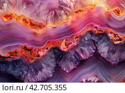 Close-up of an agate, a gemstone characterized by parallel bands of varying shades. Colors range from soft pink to deep burgundy, with vibrant crystal formations and whitish tops. Стоковое AI-изображение, AI-художник Анна Кривицкая / Фотобанк Лори