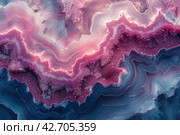 Close-up of an agate, a gemstone characterized by parallel bands of varying shades. Colors range from soft pink to deep burgundy, with vibrant crystal formations and whitish tops. Стоковое AI-изображение, AI-художник Анна Кривицкая / Фотобанк Лори