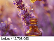 Lavender essential oil pouring from dropped into an amber bottle against a lavender flowers. Dropper filled herbal oil is pouring against blooming field, close-up. Health care, relaxation. Spa massage. Стоковое AI-изображение, AI-художник Марина Демидюк / Фотобанк Лори