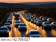 Aerial view of cars on road highway in traffic jam at sunset background. Traffic jam rush hour, cars in line, bumper to bumper, stuck in traffic at dusk. Urban transport concept. Copy ad text space. Стоковое AI-изображение, AI-художник Aleksandr Golubev / Фотобанк Лори