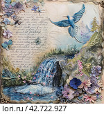 Collage with elements of writing and nature. Flowers of various types and colors are depicted in the foreground, while a bluebird in flight stands out in the center of the composition. Стоковое AI-изображение, AI-художник Анна Кривицкая / Фотобанк Лори