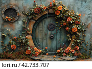 A door or round window reminiscent of a fairy tale or fantasy element, probably inspired by the Hobbiton style of Tolkien's works. Стоковое AI-изображение, AI-художник Анна Кривицкая / Фотобанк Лори