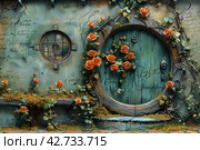 A door or round window reminiscent of a fairy tale or fantasy element, probably inspired by the Hobbiton style of Tolkien's works. Стоковое AI-изображение, AI-художник Анна Кривицкая / Фотобанк Лори