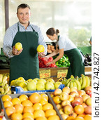Male seller of vegetable department of store replenishing showcase with apple, put ones on showcase. Стоковое фото, фотограф Яков Филимонов / Фотобанк Лори