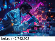 Scientist works in a laboratory using a microscope. Various chemical test tubes and bottles are visible, as well as brightly glowing molecular structures in the air, creating a sense of cutting-edge research and scientific discovery. Стоковое AI-изображение, AI-художник Анна Кривицкая / Фотобанк Лори