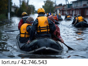 Rescuers on a boat in a flooded area, emergency situation, Стоковое AI-изображение, AI-художник Анна Кривицкая / Фотобанк Лори