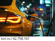Car fueling at the gas station. Refuel fill up with gasoline. Petrol pump filling fuel nozzle in fuel tank of yellow car at night with bokeh lighting. Rising price, oil industry crisis. Auto Service. Стоковое AI-изображение, AI-художник Марина Демидюк / Фотобанк Лори