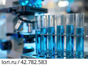 Modern Medical Research Laboratory. Scientific Lab Biotechnology. Equipment of that used in laboratories, hospitals, research labs, industry etc. Analysis of solvents, drugs, residues, pharmaceuticals. Стоковое AI-изображение, AI-художник Марина Демидюк / Фотобанк Лори