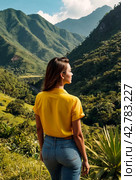Rear view of lady enjoy at landscape Adam's peak mountain at tropical journey Sri Lanka, Ella, posing. From behind of adult woman in yellow jacket at landmark nature background. Copy ad text space. Стоковое AI-изображение, AI-художник Aleksandr Golubev / Фотобанк Лори