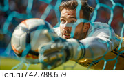 Soccer Goalie Watching Ball in Net. Стоковое AI-изображение, AI-художник Юлия Гапеенко / Фотобанк Лори