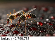 Close-up of striped mosquito on human skin, macro photo. Mosquitoes (Aedes aegypti) sucking human blood, close up. Carriers of dengue fever and malaria concept. Gen ai illustrate. Copy ad text space. Стоковое AI-изображение, AI-художник Aleksandr Golubev / Фотобанк Лори