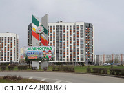 Символ Зеленограда и яркий плакат со спортивным лозунгом на фоне домов новостроек (2024 год). Редакционное фото, фотограф Сергей Никифоров-Гордеев / Фотобанк Лори