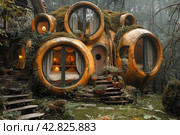 A house made in the style of a hobbit's dwelling from the books of J. R. R. Tolkien. It blends into the surrounding nature with skylight windows and green vegetation covering the structure. Стоковое AI-изображение, AI-художник Анна Кривицкая / Фотобанк Лори