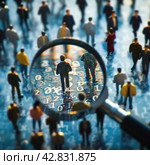 Close-up of a magnifying glass that focuses on small figures of people in the center, surrounded by many other figures blurring out of focus. This gives the impression that the figures in the center are important or highlighted for special attention. The background of the image is filled with blurry spots of color, perhaps a reflection of the urban environment. Стоковое AI-изображение, AI-художник Анна Кривицкая / Фотобанк Лори