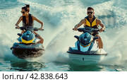 A young guy and a girl on jet skis are racing on the water surface of the lake. Стоковое AI-изображение, AI-художник Ярославский Максим / Фотобанк Лори