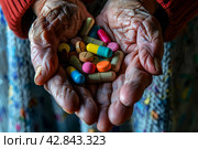 Горсть таблеток для пожилого человека. Стоковое AI-изображение, AI-художник Щеголева Ольга / Фотобанк Лори