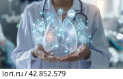 A doctor in a medical uniform demonstrating a three-dimensional holographic model of human lungs. Various icons and symbols related to medical topics are visible around the lung model. The doctor is in a clinical environment, probably an operating room or intensive care unit, with medical equipment around. This image suggests the use of advanced technologies in medicine, such as augmented reality for training, diagnosis or surgical planning. Стоковое AI-изображение, AI-художник Анна Кривицкая / Фотобанк Лори