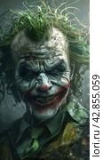 A portrait of a man with distinctive makeup, which is associated with the iconic image of a comic book villain. The face is depicted with intense expressive features, the eyes are full of energy and madness. The skin of the face imitates cracks, giving the image a gothic and decadent style. The character's gaze is piercing, and his smile is distorted, which enhances the drama and theatricality of the image. Стоковое AI-изображение, AI-художник Анна Кривицкая / Фотобанк Лори