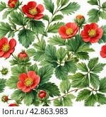 Potentilla anserina with red flowers. Стоковое AI-изображение, AI-художник Любовь Назарова / Фотобанк Лори