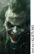 A portrait of a man with distinctive makeup, which is associated with the iconic image of a comic book villain. The face is depicted with intense expressive features, the eyes are full of energy and madness. The skin of the face imitates cracks, giving the image a gothic and decadent style. The character's gaze is piercing, and his smile is distorted, which enhances the drama and theatricality of the image. Стоковое AI-изображение, AI-художник Анна Кривицкая / Фотобанк Лори