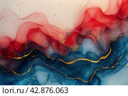 An abstract composition that imitates an undulating flowing liquid with iridescent shades of blue, pink and purple, separated by golden lines. The texture resembles marble or spilled liquid watercolor. The colors smoothly flow into each other, creating deep and rich color transitions. Golden lines add an effect of luxury and shine to the image, and small golden splashes enhance the dynamism of the composition. Стоковое AI-изображение, AI-художник Анна Кривицкая / Фотобанк Лори