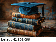 A stack of old books topped with an academic square beret with a tassel, which symbolizes the achievement of academic heights and learned traditions. Стоковое AI-изображение, AI-художник Анна Кривицкая / Фотобанк Лори