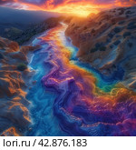 The scenery is breathtaking: a river bed with water colored in vibrant shades of blue, purple and gold flows through eroded hills. The magical lighting gives the scene a sense of unreality, and the sunset sky adds an exciting atmosphere. This image seems to take us to another world or dimension where nature is painted in unusual, fantastic colors. Стоковое AI-изображение, AI-художник Анна Кривицкая / Фотобанк Лори