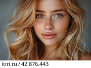 Young woman with delicate features. She has long blonde hair, slightly curly, and sea green eyes, full of warmth and light. Her skin appears flawless and has a soft glow. On the lips there is an unobtrusive shade of lipstick that harmonizes with the overall warm tone of the image. She looks at the viewer with a slight smile, creating a feeling of calm and friendliness. Стоковое AI-изображение, AI-художник Анна Кривицкая / Фотобанк Лори