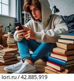 Подросток вместо чтения книг залипает в соцсетях в смартфоне в комнате дома. Юноша в худи в окружении учебников дома. Стоковое AI-изображение, AI-художник Sergei Gorin / Фотобанк Лори