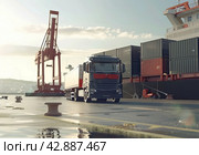 Transportation and logistics truck on motorway and industrial container cargo with icon of network distribution on blue background. Стоковое AI-изображение, AI-художник Ярославский Максим / Фотобанк Лори