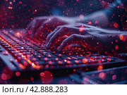 Cyber security and online or blockchain safety concept. hands on a keyboard with technology and connections around. Hacker hands trying to break through a secured virtual space. IT programmer work. Стоковое AI-изображение, AI-художник Ирина Михайличенко / Фотобанк Лори