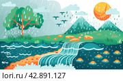 Infographic: A Graphic Representation of the Water Cycle in Nature. Стоковое AI-изображение, AI-художник Юрий Поздников / Фотобанк Лори