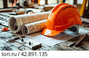 Construction Drawings on a Safety Helmet Table: Preparing for Labor Creations. Стоковое AI-изображение, AI-художник Юрий Поздников / Фотобанк Лори