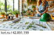 Construction Drawings on a Safety Helmet Table: Preparing for Labor Creations. Стоковое AI-изображение, AI-художник Юрий Поздников / Фотобанк Лори