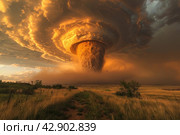 Powerful tornado against the background of the sunset sky. The sky is painted in rich reds and oranges, creating a feeling of incredible power and movement. The sun setting behind the horizon illuminates the clouds and earth with a warm light. Стоковое AI-изображение, AI-художник Анна Кривицкая / Фотобанк Лори