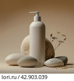Soap Dispenser on Pile of Rocks. Стоковое AI-изображение, AI-художник Юлия Гапеенко / Фотобанк Лори