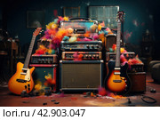 Vibrant and creative music scene. In the foreground are two electric guitars with a classic design, one of which is yellow and the other is a sunny sunrise color. They sit next to a stack of amplifiers and speakers of various sizes and brands that visually represent generations of music equipment. This entire ensemble is surrounded by clouds of colorful, lush colored smoke, giving a dynamic feel to the sound and music. Стоковое AI-изображение, AI-художник Анна Кривицкая / Фотобанк Лори