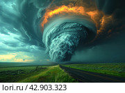 Powerful tornado against the background of the sunset sky. The sky is painted in rich reds and oranges, creating a feeling of incredible power and movement. The sun setting behind the horizon illuminates the clouds and earth with a warm light. Стоковое AI-изображение, AI-художник Анна Кривицкая / Фотобанк Лори