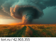 Powerful tornado against the background of the sunset sky. The sky is painted in rich reds and oranges, creating a feeling of incredible power and movement. The sun setting behind the horizon illuminates the clouds and earth with a warm light. Стоковое AI-изображение, AI-художник Анна Кривицкая / Фотобанк Лори
