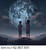 Image of two children standing on top of a hill looking up at a huge, brightly glowing moon that fills the night sky. The moon is detailed to such an extent that its craters and landforms look almost magical. Стоковое AI-изображение, AI-художник Анна Кривицкая / Фотобанк Лори