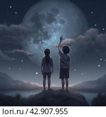 Image of two children standing on top of a hill looking up at a huge, brightly glowing moon that fills the night sky. The moon is detailed to such an extent that its craters and landforms look almost magical. Стоковое AI-изображение, AI-художник Анна Кривицкая / Фотобанк Лори