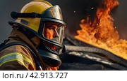 A male firefighter in a special outfit against the background of flames and clouds of black smoke. A rescuer on fire. A firefighter extinguishes the fire. Стоковое AI-изображение, AI-художник Photojuli / Фотобанк Лори