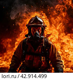 A male firefighter in a special outfit against the background of flames and clouds of black smoke. A rescuer on fire. A firefighter extinguishes the fire. Стоковое AI-изображение, AI-художник Photojuli / Фотобанк Лори