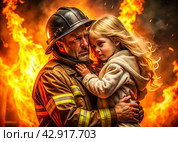 A male firefighter in special equipment against a background of flames and clouds of black smoke. A rescuer on fire. A firefighter rescued a beautiful little blonde girl from the fire. Стоковое AI-изображение, AI-художник Photojuli / Фотобанк Лори
