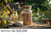 Plantbased ingredient in flowerpot on wooden table for recipe. Стоковое AI-изображение, AI-художник Katsiaryna Repich / Фотобанк Лори