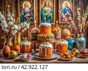 Orthodox Easter. Easter cake, painted eggs, icons, faces of saints, flowers, church candles and Easter decor on a wooden table in an old village house. Стоковое AI-изображение, AI-художник Photojuli / Фотобанк Лори