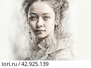 Black and white image of a woman in retro style, apparently from the Baroque or Rococo era. She wears a full dress with frills and a bow, indicating high social status in that era. Her hair is styled in a complex updo with curl. Стоковое AI-изображение, AI-художник Анна Кривицкая / Фотобанк Лори