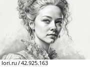 Black and white image of a woman in retro style, apparently from the Baroque or Rococo era. She wears a full dress with frills and a bow, indicating high social status in that era. Her hair is styled in a complex updo with curl. Стоковое AI-изображение, AI-художник Анна Кривицкая / Фотобанк Лори